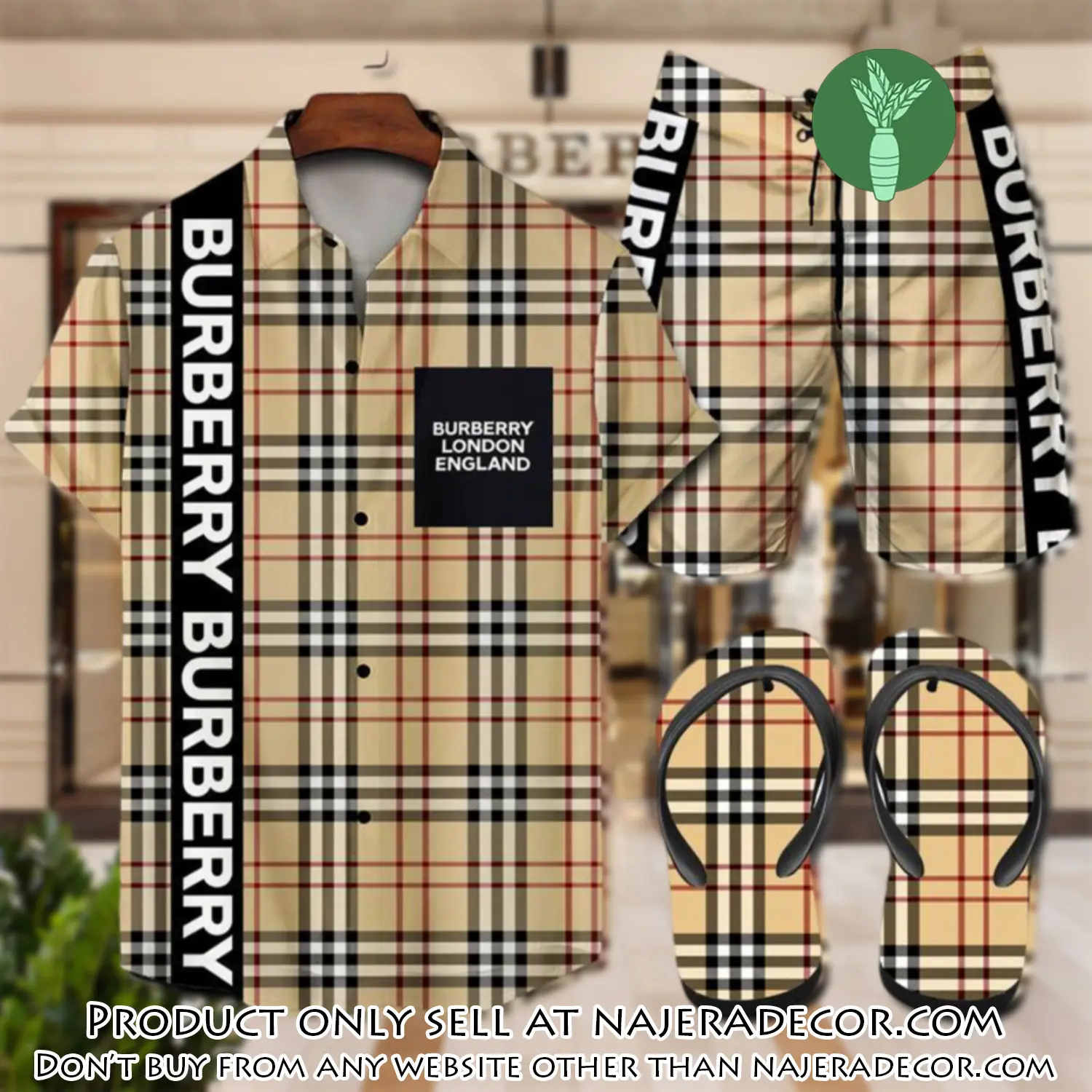 Burberry flip flops and combo hawaii shirt shorts luxury brand summer outfit hsf212 njr3117827